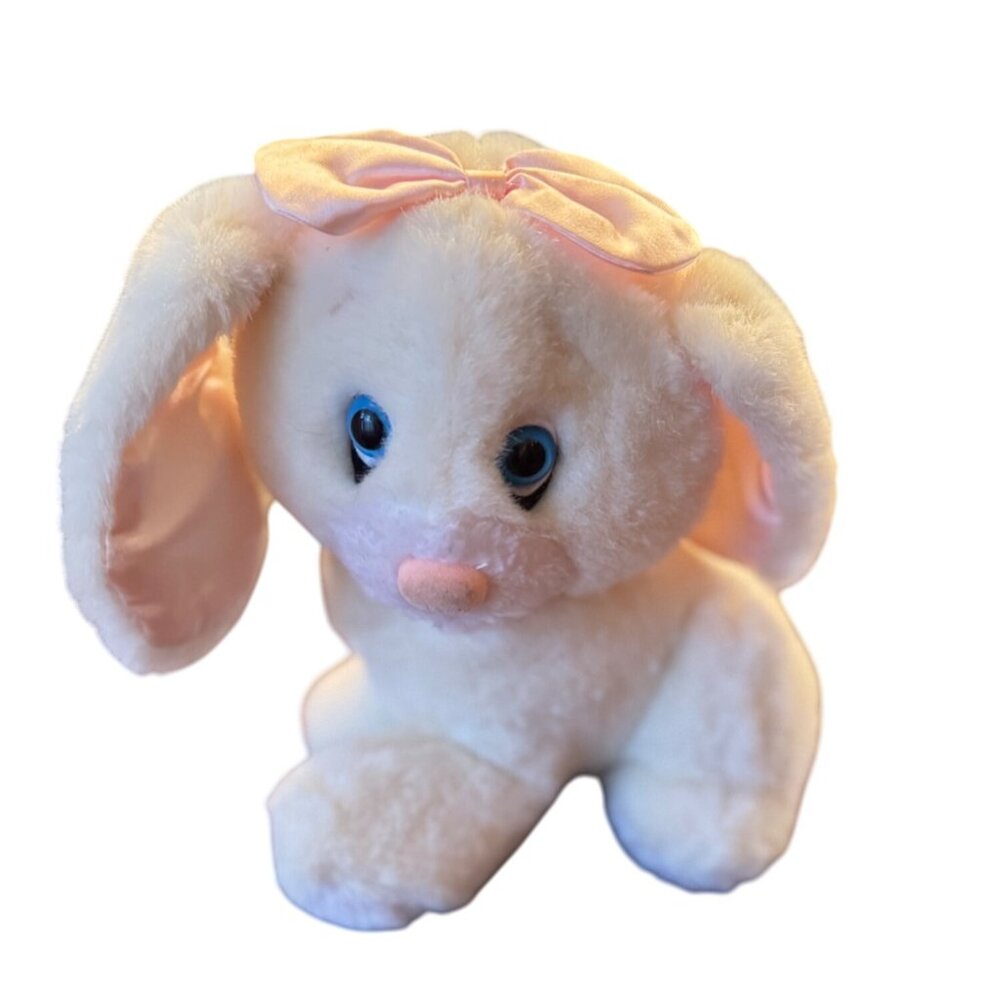 VTG Plush Dog Floppy Ears White 7” Pink Bow Stuffed Animal